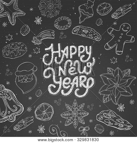 Chalk White Hand Lettering Happy New Year On Black Background. Noob Contour Doodle Traditional Chris