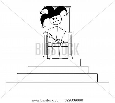 Cartoon Stick Figure Drawing Conceptual Illustration Of Jester Or Fool Sitting On Throne Of King. Co