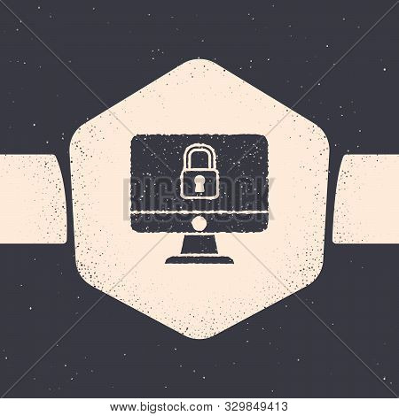 Grunge Lock On Computer Monitor Screen Icon Isolated On Grey Background. Security, Safety, Protectio