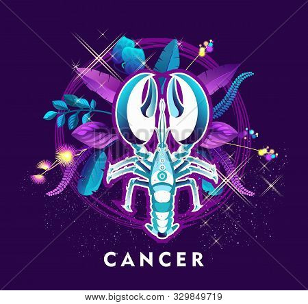 Vector Illustration Of Magic Horoscope Sign Cancer Style Of The 60s, Bright Hippie Art