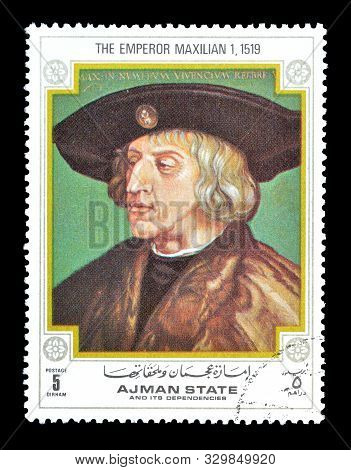 Cancelled Postage Stamp Printed By Ajman State, That Shows Painting Portrait Of The Emperor Maxilian