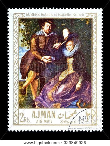 Cancelled Postage Stamp Printed By Ajman State, That Shows Painting Rubens And Isabelle Brandt By Ru