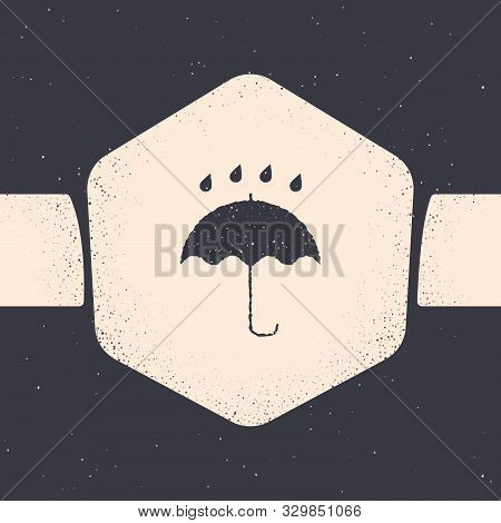 Grunge Umbrella And Rain Drops Icon Isolated On Grey Background. Waterproof Icon. Protection, Safety
