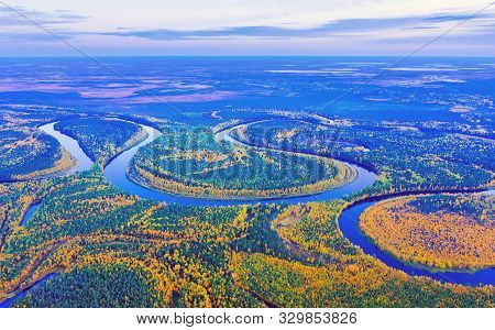 Aerial Photography Of Landscape In Western Siberia. Agan River, Tributary Of Ob River. Autumn Landsc