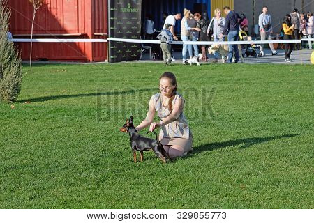 Kharkiv, Ukraine - October 20, 2019: On Green Grass, A Girl Sitting On Her Knees, Holding A Ponytail