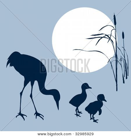 crane with nestling silhouette on solar background, vector illustration