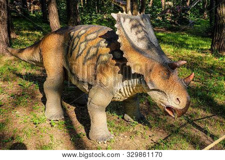 Belgorod, Russia - May 31, 2019: Hasmosaurus Statue In The Forest Of Belgorod Dinopark. Herbivorous 