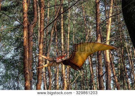 Belgorod, Russia - May 31, 2019: Pteranodon Overhead Suspended Statue In The Forest Of Belgorod Dino