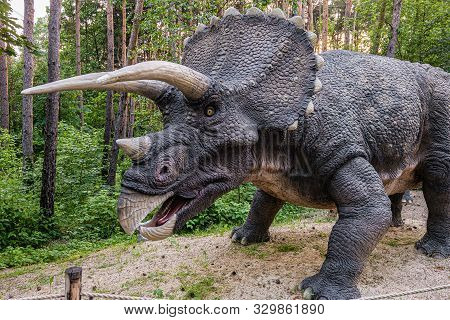 Belgorod, Russia - May 31, 2019: Dinopark Of Belgorod City. Outdoors Statue Of Triceratops Dinosaur.