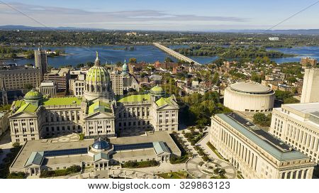 Afternoon Light Hits The Buildings And Downtown City Center Area In Pennsylvania State Capital At Ha