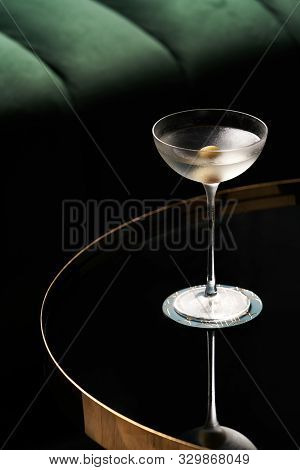 Fresh Cocktail Glass On Glass Table In Night Club Restaurant
