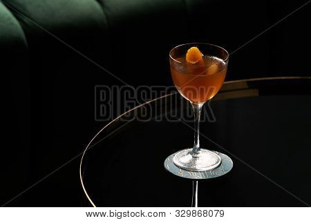 Fresh Cocktail Glass On Glass Table In Night Club Restaurant