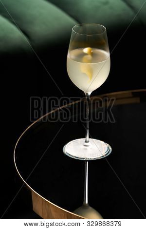 Fresh Cocktail Glass On Glass Table In Night Club Restaurant
