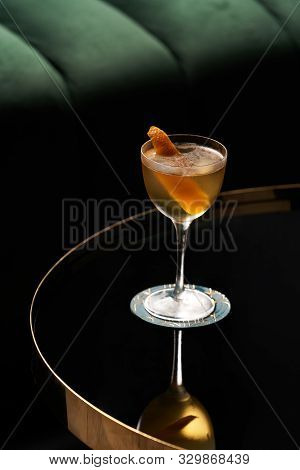 Fresh Cocktail Glass On Glass Table In Night Club Restaurant