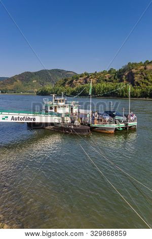 Boppard, Germany - August 04, 2019: Car Ferry On The Rhine River In Boppard, Germany