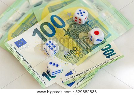 Dice For Board Games Board Games With Hundredth Euro Banknotes. Gambling Concept
