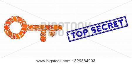 Mosaic Access Key And Distressed Stamp Seal With Top Secret Caption. Mosaic Vector Access Key Is Des