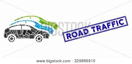 Mosaic Traffic Cars And Corroded Stamp Seal With Road Traffic Phrase. Mosaic Vector Traffic Cars Is 