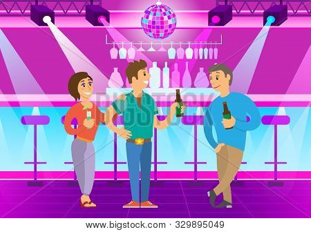 Drinking People Talking In Club, Rest And Relaxation In Evening. Man And Woman Leading Conversation,