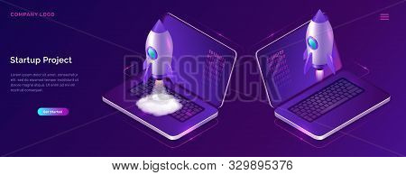 Business Start Up Isometric Concept Vector Illustration. Rocket Taking Off With Fire And Smoke, Open