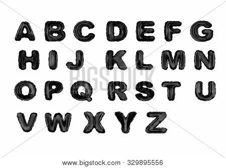 Alphabet Black Balloons Realistic Vector. Inflatable Abc Letters Of Dark Metal Foil For Childrens Pa