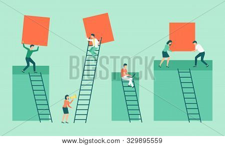 Man And Woman On Stairs, People Presentation. Workers Holding Red Transparent Banner With Space Plac