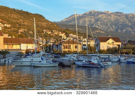 Picturesque Autumn Mediterranean Landscape.  Montenegro, Adriatic Sea, Bay Of Kotor. View Of Marina 