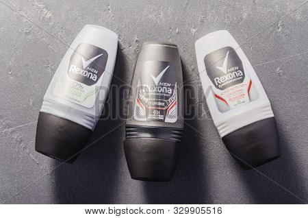 Exona Deodorant Isolated On Stone Slate Background. Rexona Is Deodorant And Antiperspirant Brand Fou