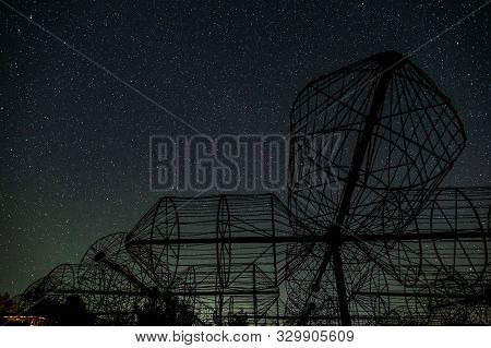 Part Antenna Array Of Decameter Waves Of Radio Astronomy Telescope On Background Of Night Sky With S