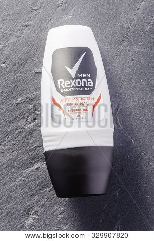 Exona Deodorant Isolated On Stone Slate Background. Rexona Is Deodorant And Antiperspirant Brand Fou