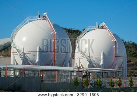 Two Liquefied Gas Storage Tanks. Lng/lpg Storage Plant.