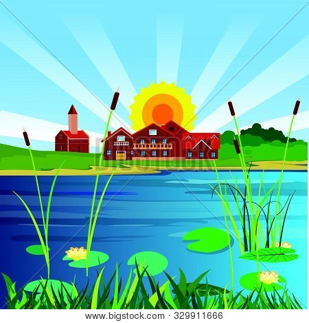Lake And Houses On The Edge Of The Lake, Vector Landscape