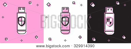 Set Usb Flash Drive And Protection Shield Icon Isolated On Pink And White, Black Background. Vector 