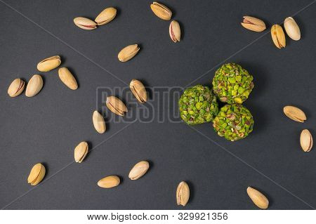 Pistachio Confectionery. Healthy Food. Scattered Pistachio Nuts. Top View. Flat Lay.