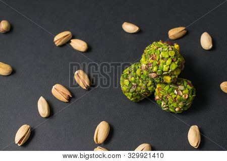 Turkish Pistachio Candy. Healthy Snack. Scattered Pistachio Nuts.