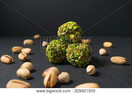 Fitness Snacks. Flat Lay. Turkish Pistachio Candy. Healthy Snack. Scattered Pistachio Nuts. Top View