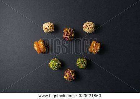 Heart Of Pistachio Confectionery. Copy Space. Flat Lay. Top View.