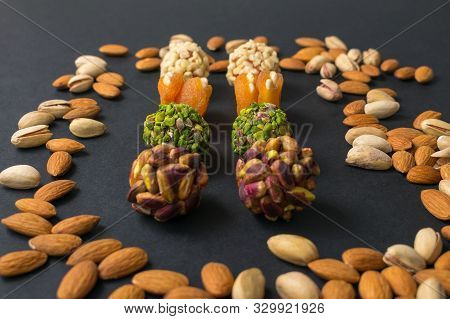 Turkish Fruit And Nut Snacks. Healthy No Sugar Food. Scattered Pistachio And Almond Nuts. Middle Eas