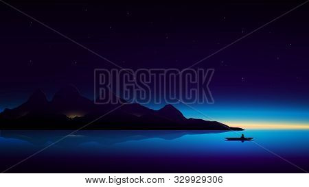 Mountain Lake. Silhouette Man In Boat On A Mountain Landscape Background With Lights Of Hotels. Fant