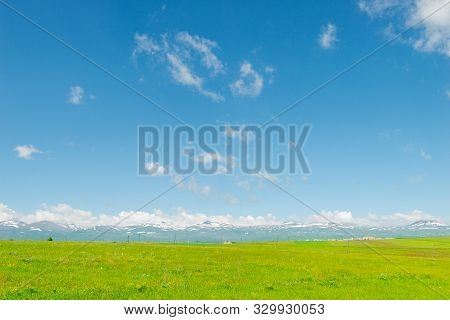 Landscape Of Armenia In June, View Of The Snow-capped Mountains And Green Field