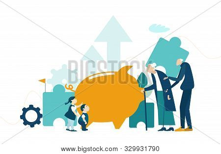 Old People, Grandparents And Grandchildren Next To The Piggy Bank. Saving And Money Concept.