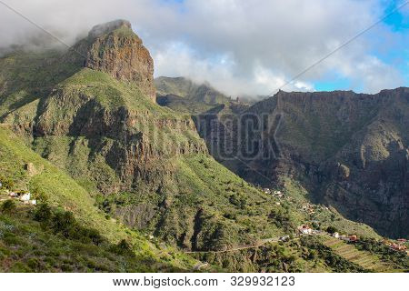 View On The Steep Coast Of Los Gigantes On Canary Island Tenerife With Rocks In Different Colors