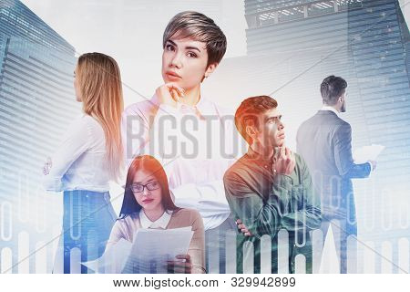 Team Of Pensive Diverse Business People Working Together In Modern City With Double Exposure Of Digi
