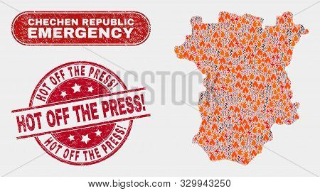 Vector Collage Of Disaster Chechen Republic Map And Red Round Scratched Hot Off The Press Exclamatio