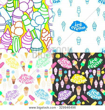 Ice Cream. Vector Set Of Sealess Pattern. Sweet Cold Food, Milk Chocolate Dessert. Color Summer Prin