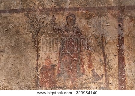 Ruined Fresco Inside Of The Mithraeum Of Ancient Capua. Caserta, Italy. The Mithraeumis One Of The M