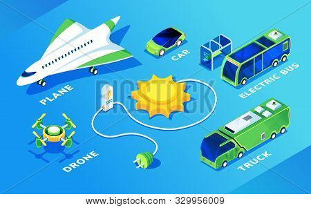 Set Of Isolated Electric Transport Or Ecology Friendly Vehicle. Isometric Electrical Plane Or Airpla