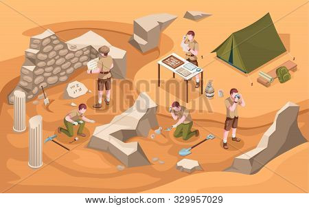 Archeology Isometric Excavation Or Archeologist At Work. Archaeology Job Or Archaeologist Near Ancie