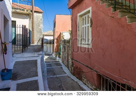 In The Streets Of Pelekas Village On Corfu Island