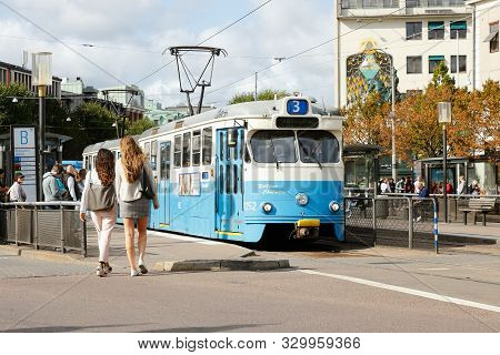 Gothenburg, Sweden - September 2, 2019: One Blue 1960/70s Era Tram Class M29 In Service On Line 3 At